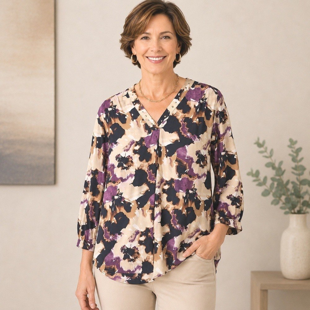 Chico's Size 3 Abstract Floral Studded V Neck Tunic XL Blouse Boho Purple Brown